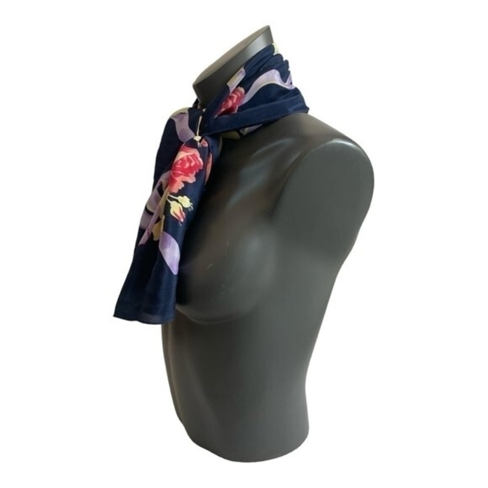 Echo Navy Blue Floral Silk Scarf 34x34 Square Multicolor 100% Silk Shawl VG - Picture 3 of 5